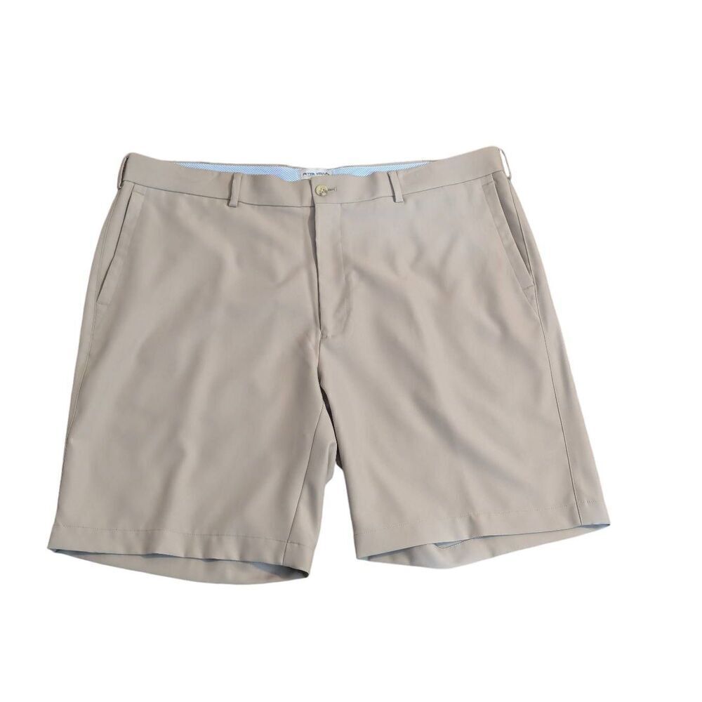 Peter Millar Men's Khaki Solid Polyester Button & Zipper Closure Knit Shorts Siz